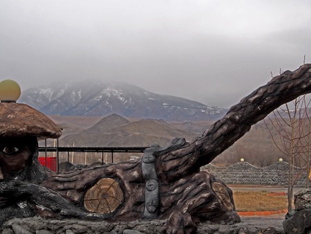 folklore motifs in the yard of a roadside restaurant in Georgia in springtimeの写真素材
