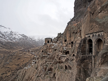 The Church of Dormition and bell tower in Vardzia in springtimeの写真素材
