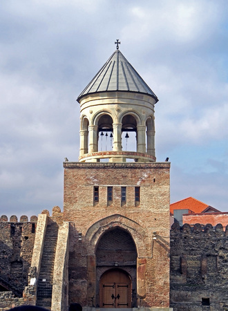 bell tower at the entrance to the courtyard of Svetitskhoveli Church in Georgia
