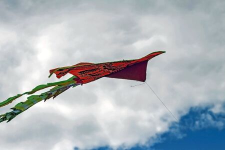 kite in the form of a red bird soars in the blue sky with white and gray cloudsの写真素材