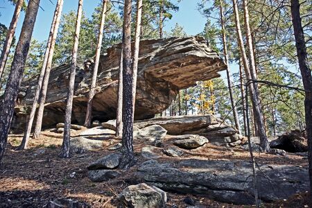 pine forest in the southern Urals in the area of the Chashkovsky ridge near the city of Miass, autumn, stone ridges are the ancient Ural mountainsの写真素材