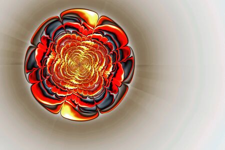 abstract fractal computer-generated image of a flower with colorful red and black petals and with a yellow middleの写真素材