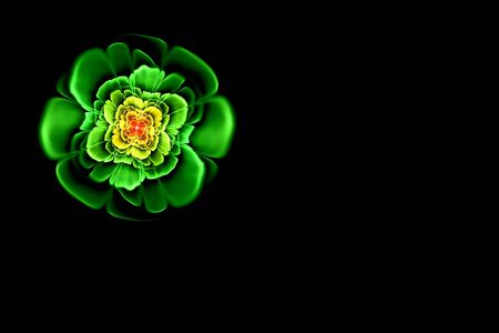 abstract fractal computer-generated image of emerald green transparent flower with yellow and red middle, the flower looks like a jewelの写真素材