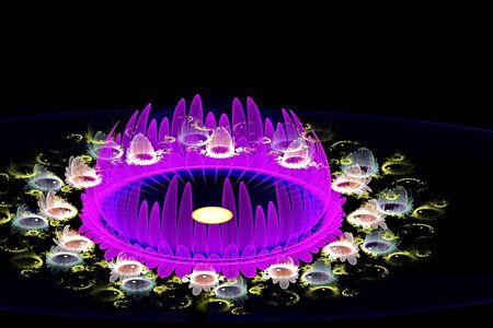 Abstract fractal glowing 3d flowers. Multicolored fractal painting on a black background, magic cosmic flower bedの写真素材