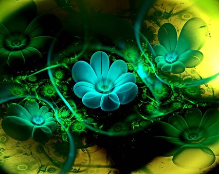 Abstract fractal glowing 3d flowers. Multi-colored fractal painting on a light background, magic flower bedの写真素材