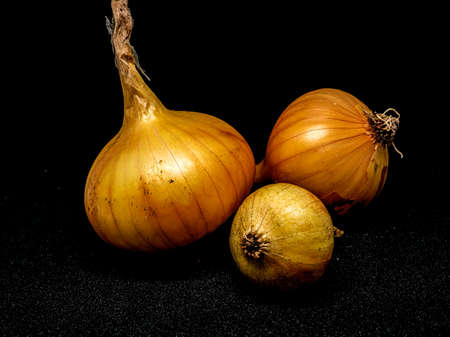 three yellow onion heads on a black background, macroの写真素材