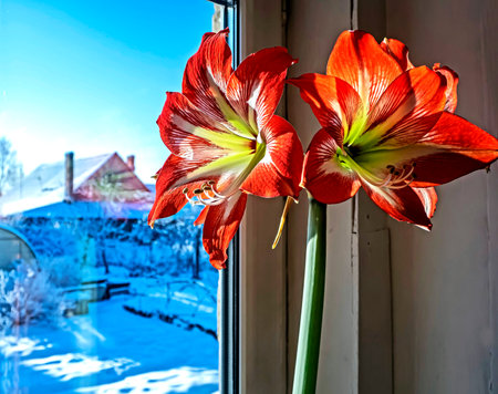 red Amaryllis flower Bud on the background of the winter landscape outside the windowの写真素材