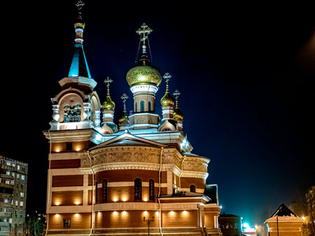 The Temple Of The Holy Great Martyr George The Victorious in Chelyabinsk, view of a cold winter nightの写真素材