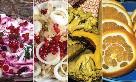 photo collage of food, Russian salad and snacksの写真素材