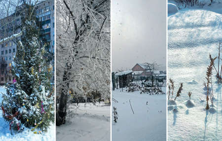 Collage of pictures on the theme of winter, snow and coldの写真素材