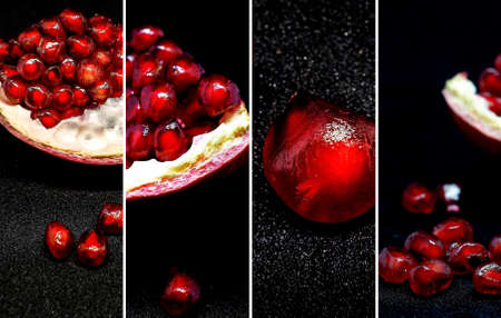 slice the pomegranate with red grains on a black background, a narrow focus areaの写真素材