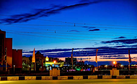 night bank of the Miass River in the city of Chelyabinsk in the circus district, Russia, southern...