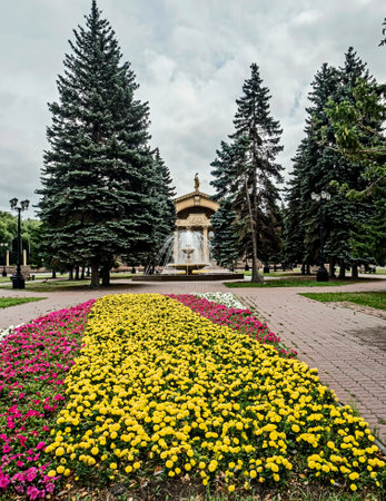 multicolored flowerbed in the city in early autumn, metallurgical district, Chelyabinsk, Ural, Russiaの写真素材