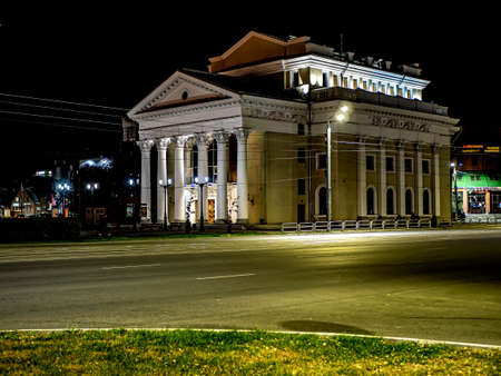 night view of the organ hall building on Kirov Street on a warm autumn evening, Chelyabinsk, Russiaの写真素材