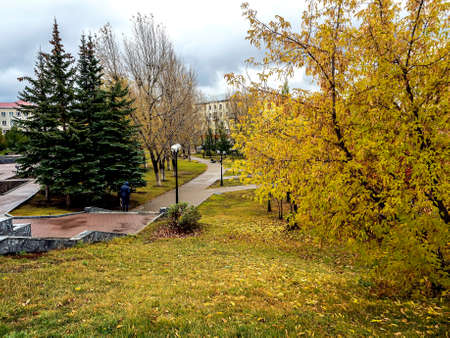 on the streets of the small Ural town of Satka in autumn, Southern Urals, Russiaの写真素材