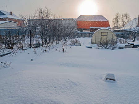 view of the winter rural landscape during a snowfall at sunset, the yellow sun shines through the hazeの写真素材