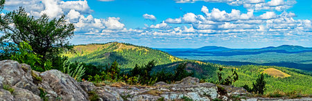 panoramic view of the mountainous terrain from a high point in the area of Mount Sugomak near the...