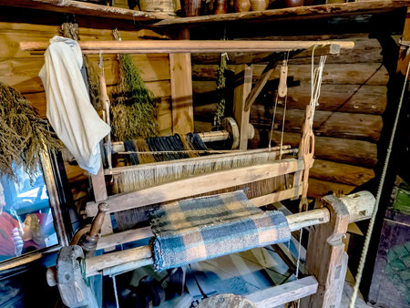 an old wooden loom for hand-weaving carpetsの写真素材