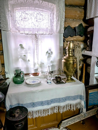 typical kitchen interior of a peasant house at the end of the 19th century in the middle Urals in a small townの写真素材