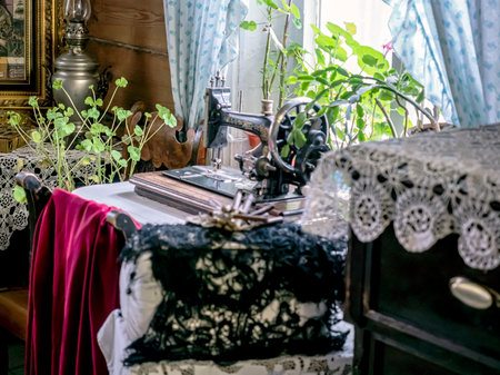 the furniture of the room of a rustic old house, the old traditional Russian village lifeの写真素材