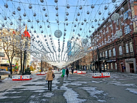 New Year's illumination along the street in the early morning when the lights are offの写真素材