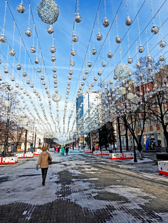 New Year's illumination along the street in the early morning when the lights are offの写真素材