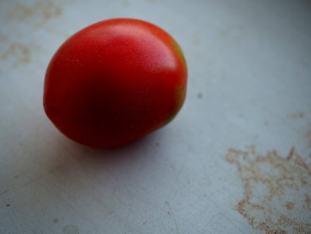 a single bright ripe red tomato, macroの写真素材