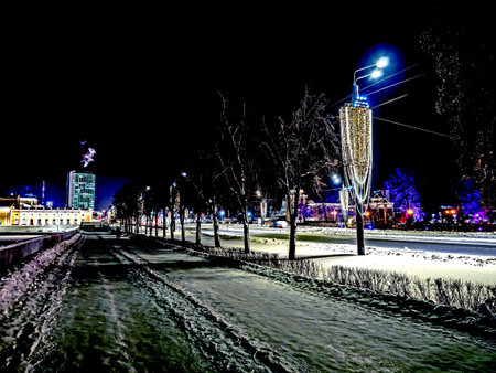 winter night view of the street in the city centerの写真素材