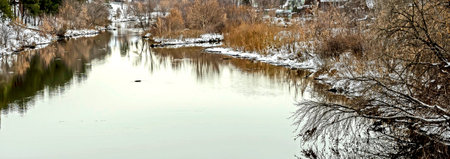 banks of the winter river covered with forestの写真素材