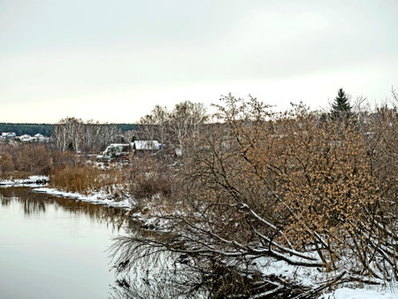 Tilted and fallen trees on the riverbank in winter, countrysideの写真素材