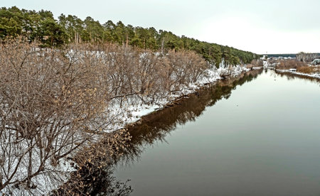 view of trees growing on the banks of the Miass River in winter, trees reflected in dark water, countryside, Chelyabinsk, Kashtak, Southern Uralsの写真素材