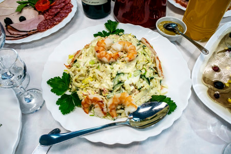 shrimp salad on the festive tableの写真素材