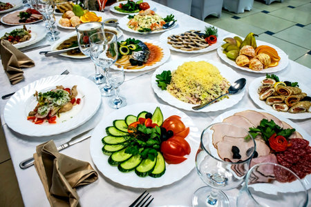 festive table setting - salads, cold snacks, fruitsの写真素材