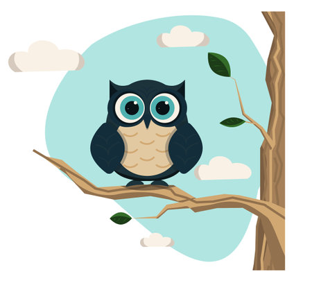 Owl on the tree branch. Vector illustration in flat style. Cover for your website or landing page. Education, for kidsのイラスト素材