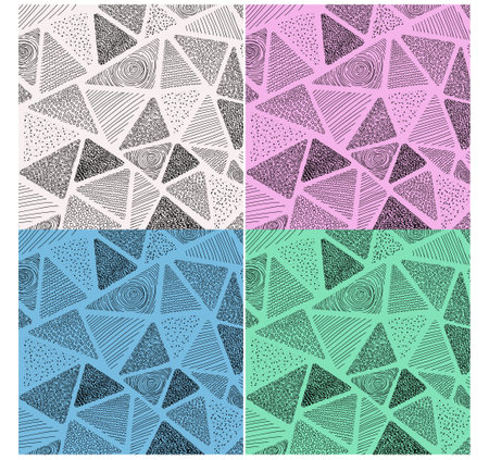Set of four hand drawn seamless patterns with triangles and dots. vector illustration.のイラスト素材
