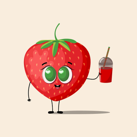 Cute cartoon strawberry character with a glass of juice or cocktail. vector illustration.のイラスト素材