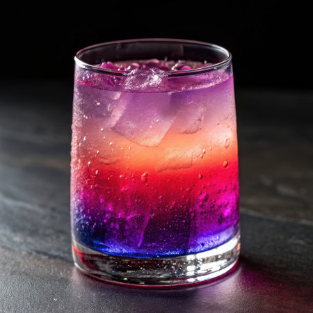 close up of a colorful cocktail in a glass on a black backgroundの素材