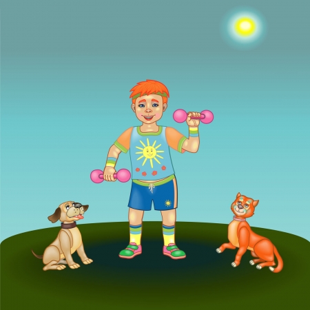   Image of a boy doing morning exercises together with his friends-a puppy and a catのイラスト素材
