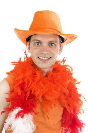 dutch soccer supporter with hed isolated on white backgroundの写真素材