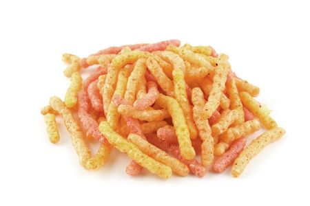 handful of chips isolated on white backgroundの写真素材