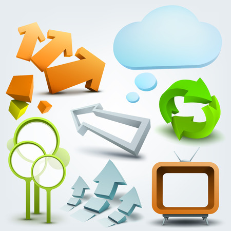 Vector illustration of colored 3d shapes and arrows on white backgroundのイラスト素材