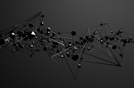 Abstract 3d rendering of chaotic metal structure. Dark background with chrome lines and low poly spheres in empty space. Futuristic steel shape.の写真素材