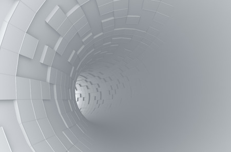 Abstract 3d rendering of futuristic tunnel. Background with sci-fi pipe and chaotic cubes.の写真素材