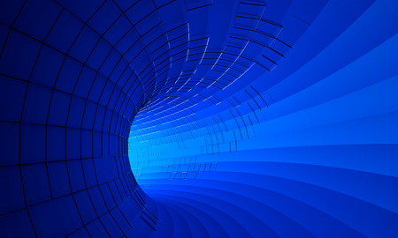 Abstract 3d rendering of futuristic blue tunnel. Background with sci-fi pipe and chaotic metal frame.の写真素材