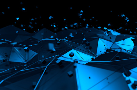 Abstract 3d rendering of blue surface with chaotic cubes. Background with futuristic lines and low...