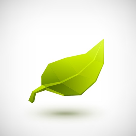 Conceptual polygonal green leaf. Abstract vector Illustration, low poly style. Stylized design element. Logo design.のイラスト素材