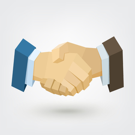 Conceptual polygonal businessman handshake. Background for business and finance concept. Trusted partnership. Vector Illustration, low poly style design element for poster, flyer, cover, brochure.のイラスト素材