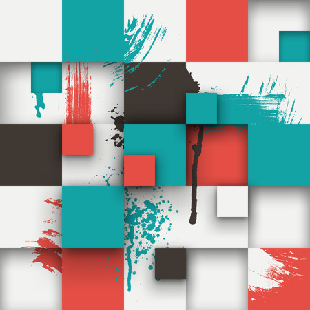 Vector background. Illustration of abstract texture with squares and paint splashes. Pattern design for banner, poster, flyer, cover, brochure. Hand drawn watercolor paint splash.のイラスト素材