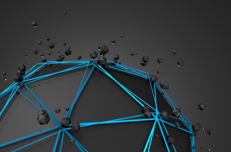 Abstract 3d rendering of low poly black sphere with chaotic structure. Sci-fi background with...