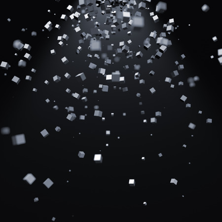 Abstract 3d rendering of chaotic particles. Sci fi cubes in empty space. Futuristic background.の写真素材